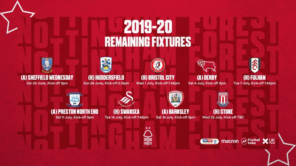 Nottingham Forest FC Forest fixtures confirmed for season restart